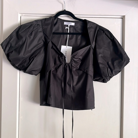 Frame Gathered Cotton Blend Sateen Black Blouse Top Size Small - Picture 4 of 10
